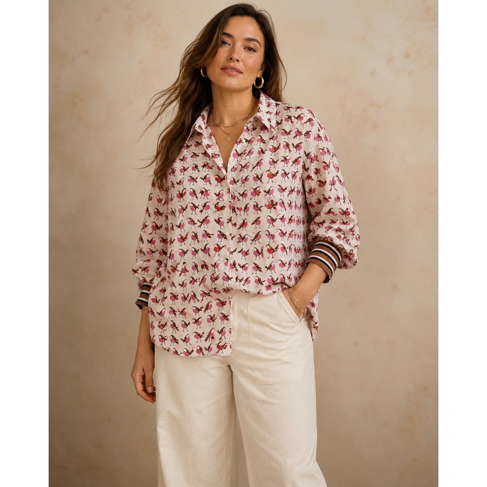 Eloquii Robin Bird Print Button Down Blouse Striped Cuff Pink White Plus Size 16